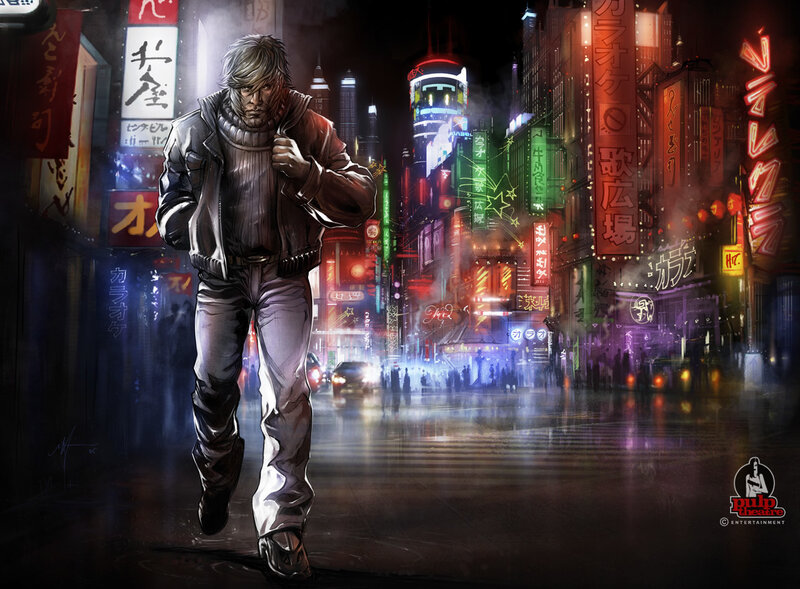 cyberpunk city street scene