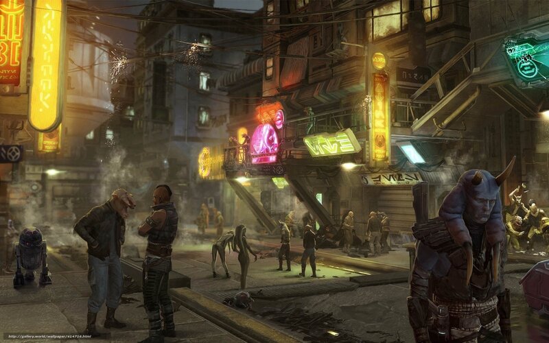 cyberpunk city street scene