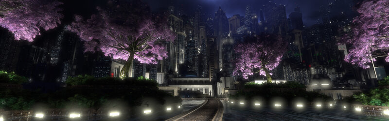 cyberpunk city with cherry blossoms