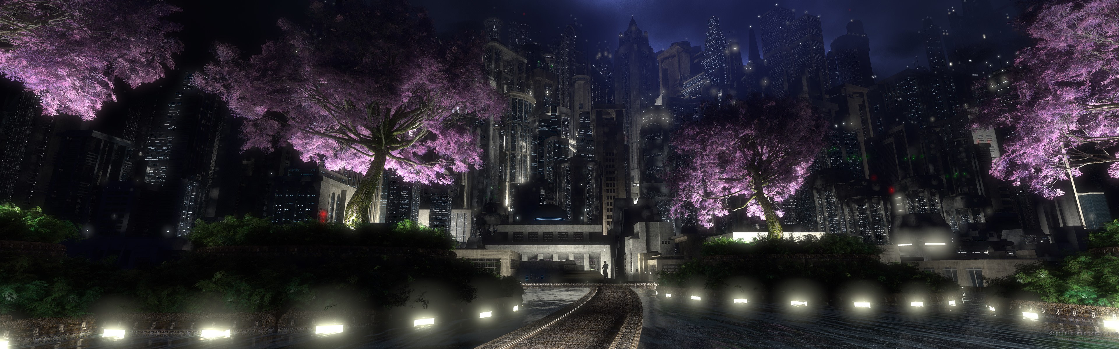 cyberpunk city with cherry blossoms
