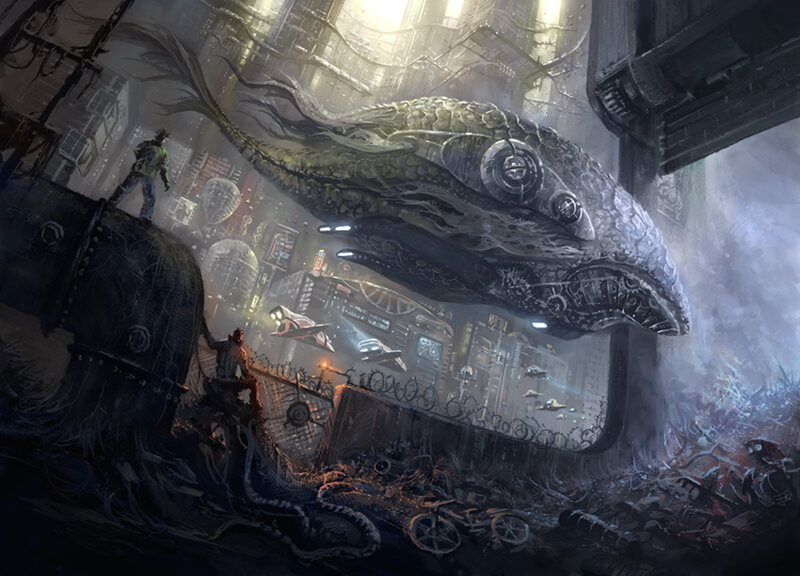 Cyberpunk city with giant whale