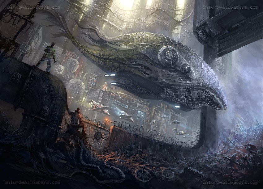 Cyberpunk city with giant whale