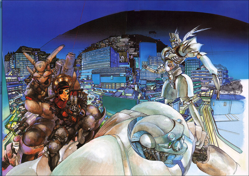 Cyberpunk city with mechs and soldiers