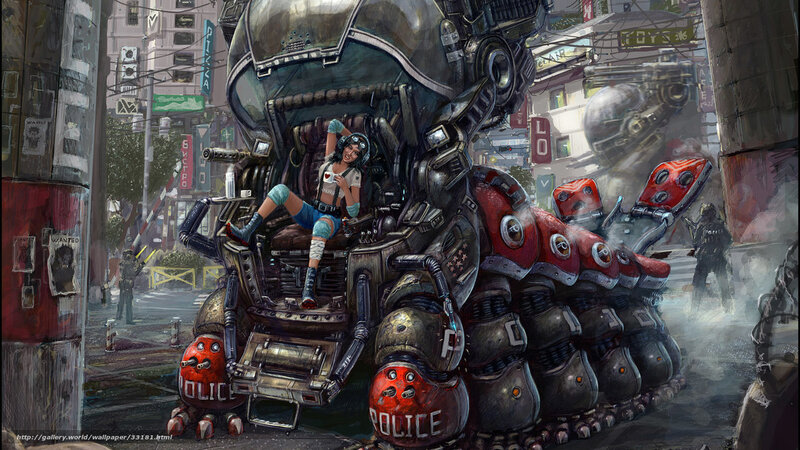 Cyberpunk city with robot and police