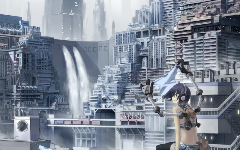 cyberpunk city with robot arms