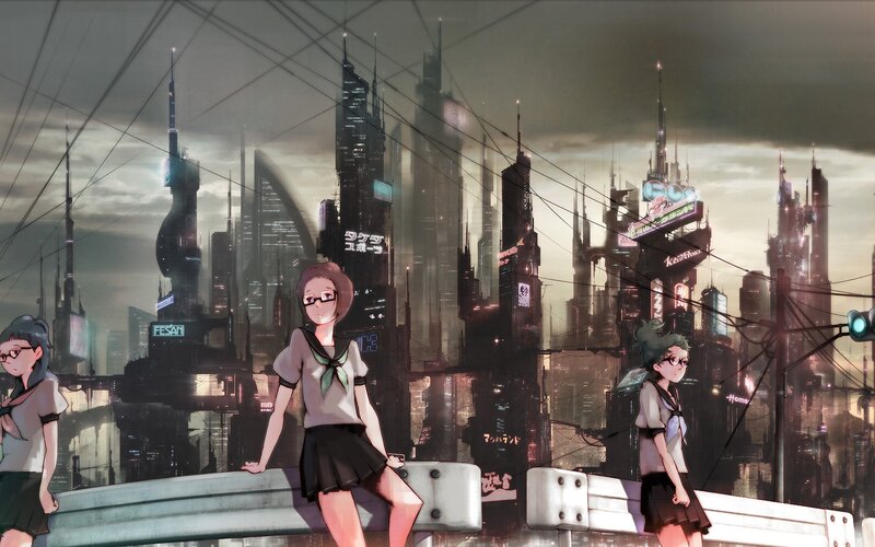 cyberpunk city with schoolgirls