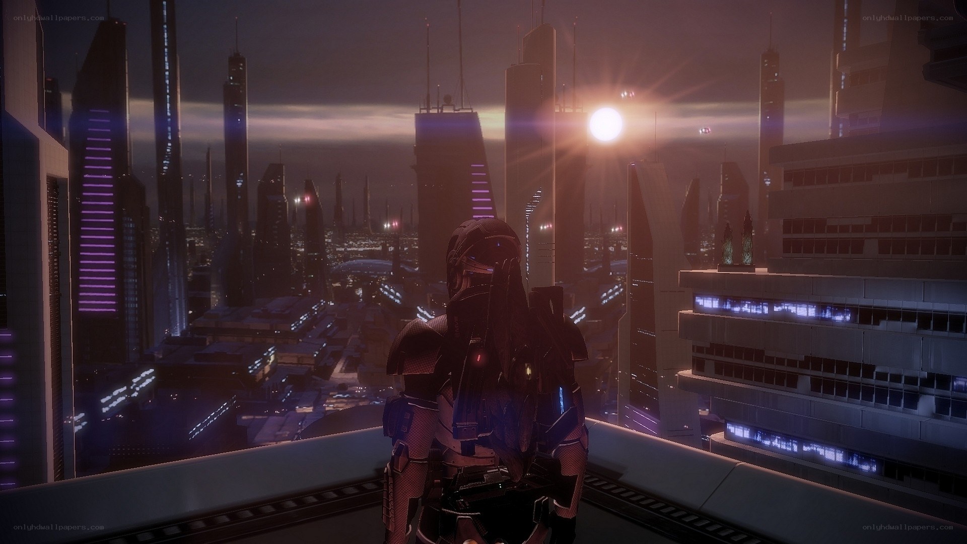 cyberpunk cityscape at dusk