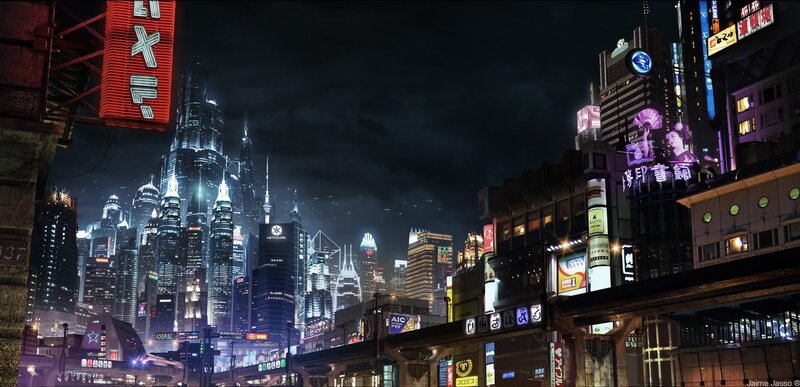 Cyberpunk Cityscape — Black, Dramatic, Night, Digital Art, Neon Signs, Skyscrapers