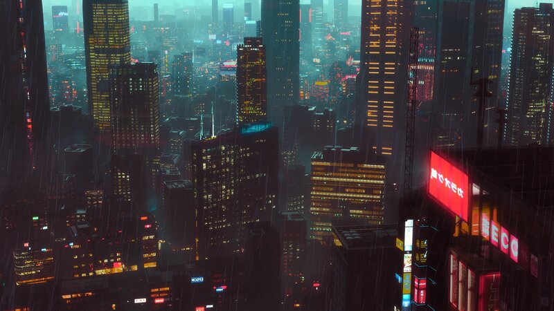Cyberpunk Cityscape — Black, Dramatic