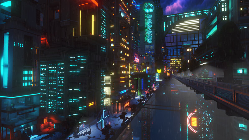 Cyberpunk Cityscape — Blue, Dark, Night