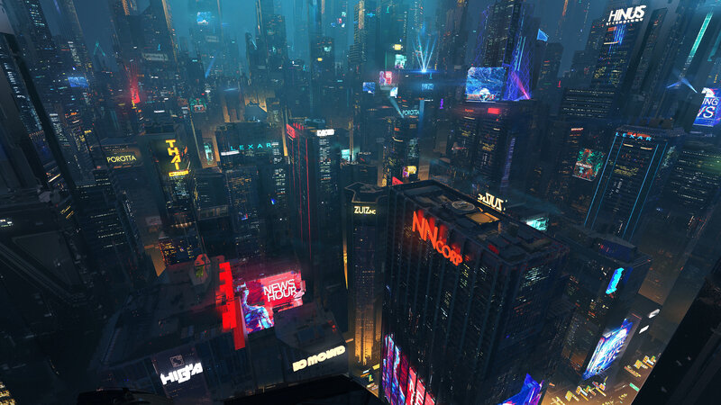 Cyberpunk Cityscape — Blue, Dramatic, Night, Digital Art, Skyscrapers