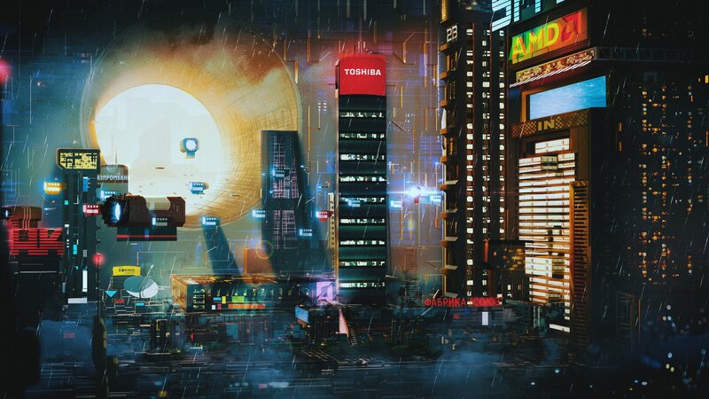Cyberpunk Cityscape — Blue, Dramatic, Night, Digital Art