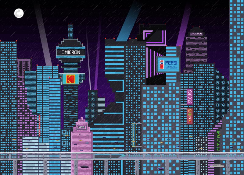 Cyberpunk Cityscape — Blue, Dramatic, Night, Pixel Art