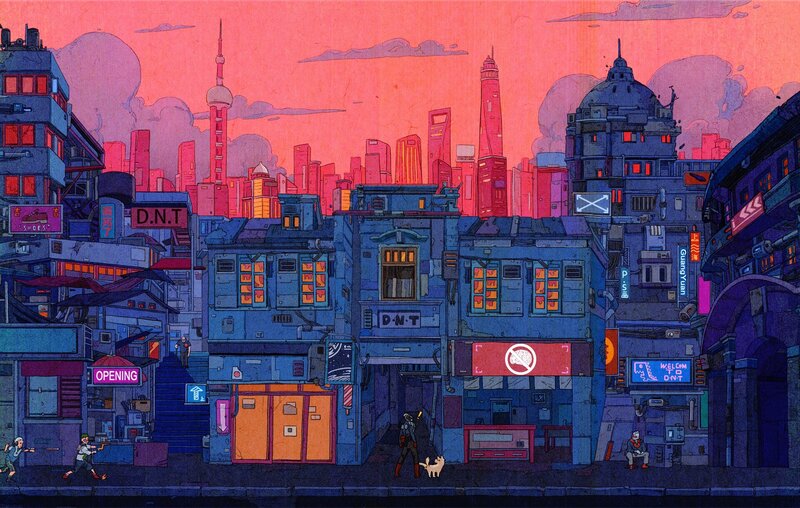 Cyberpunk Cityscape — Blue, Dramatic, Sunset
