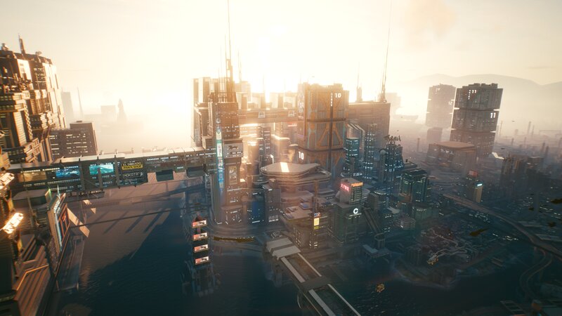 Cyberpunk Cityscape — Gray, Dramatic, Sunset