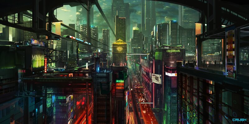 Cyberpunk Cityscape — Green, Dramatic