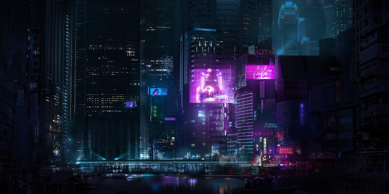 Cyberpunk Cityscape — Purple, Dark