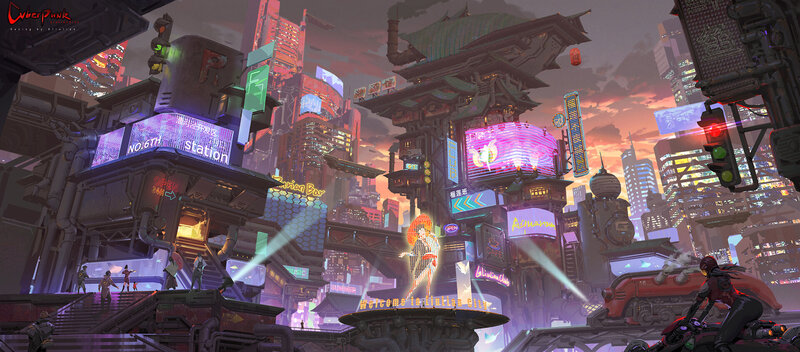 Cyberpunk Cityscape — Purple, Dramatic, Sunset