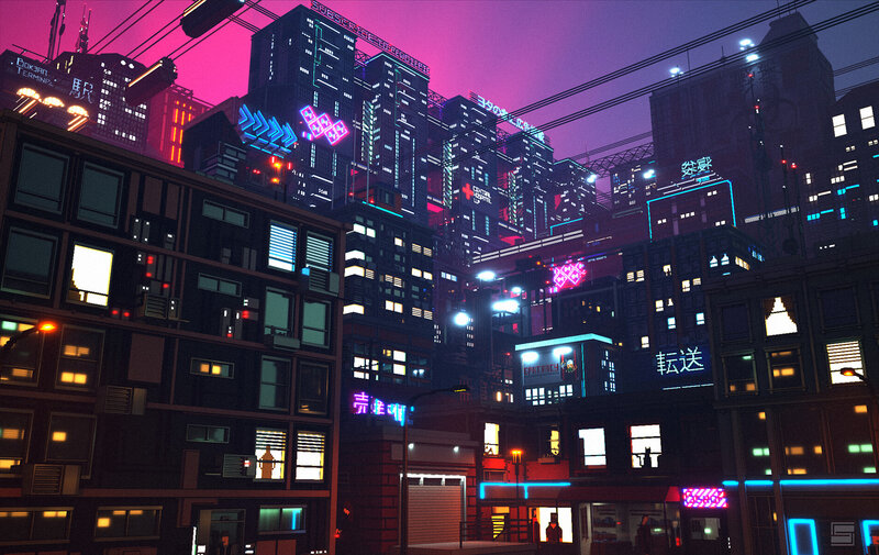 Cyberpunk Cityscape — Purple, Dystopian, Night