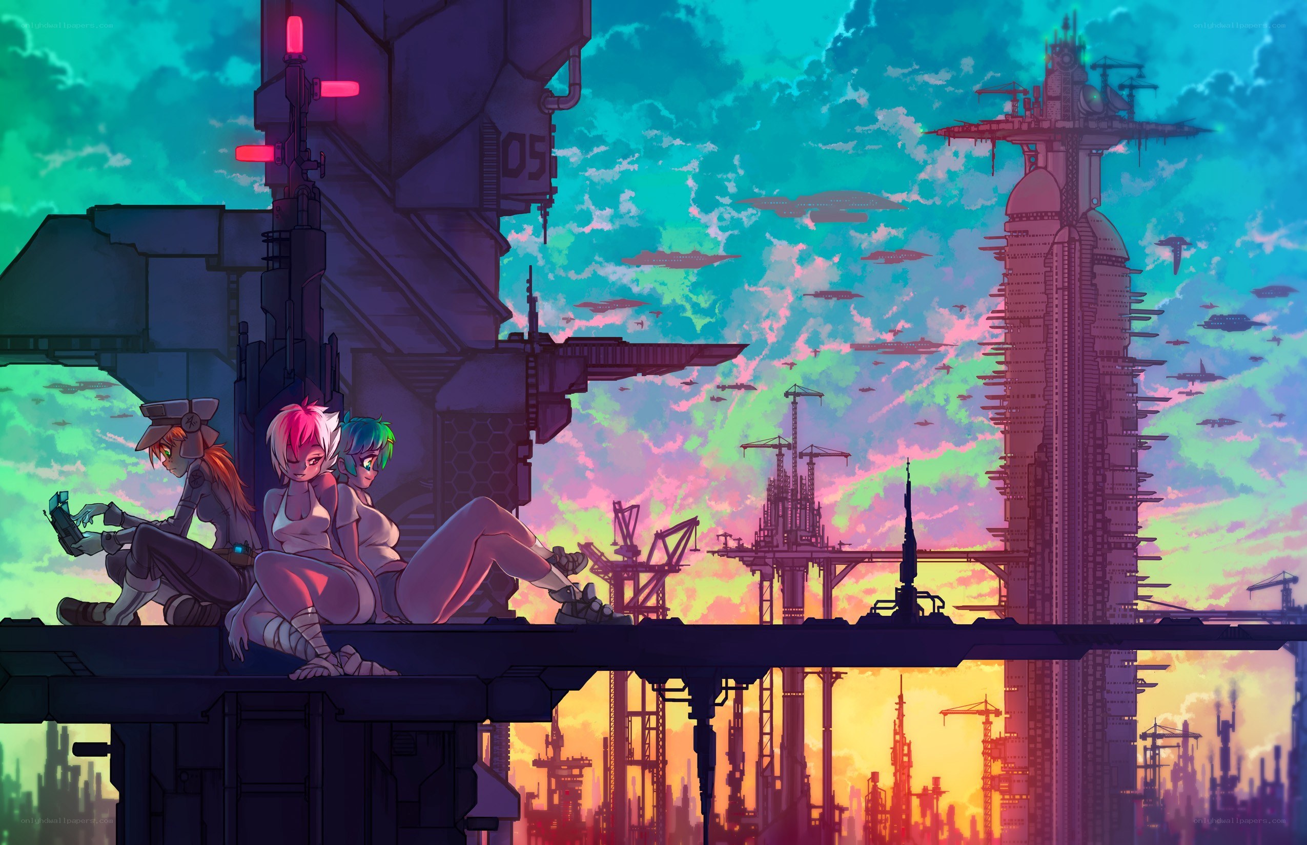 Cyberpunk cityscape with characters