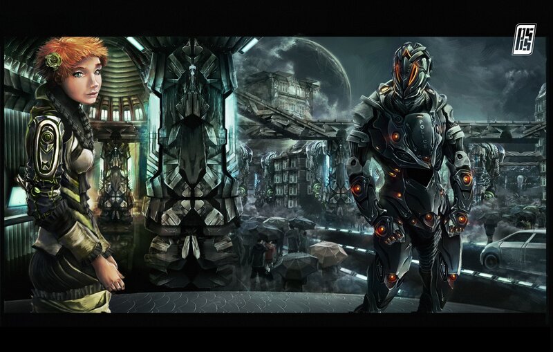 cyberpunk cityscape with characters