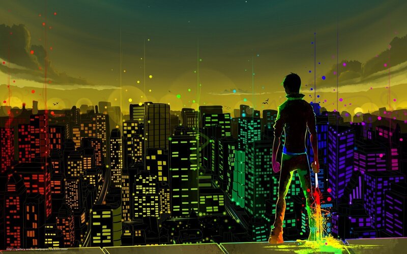 cyberpunk cityscape with figure