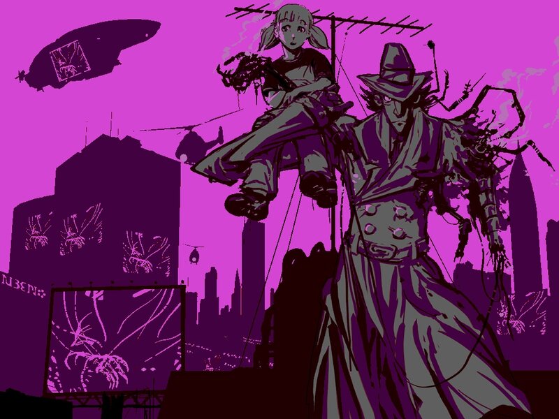 cyberpunk cityscape with figures