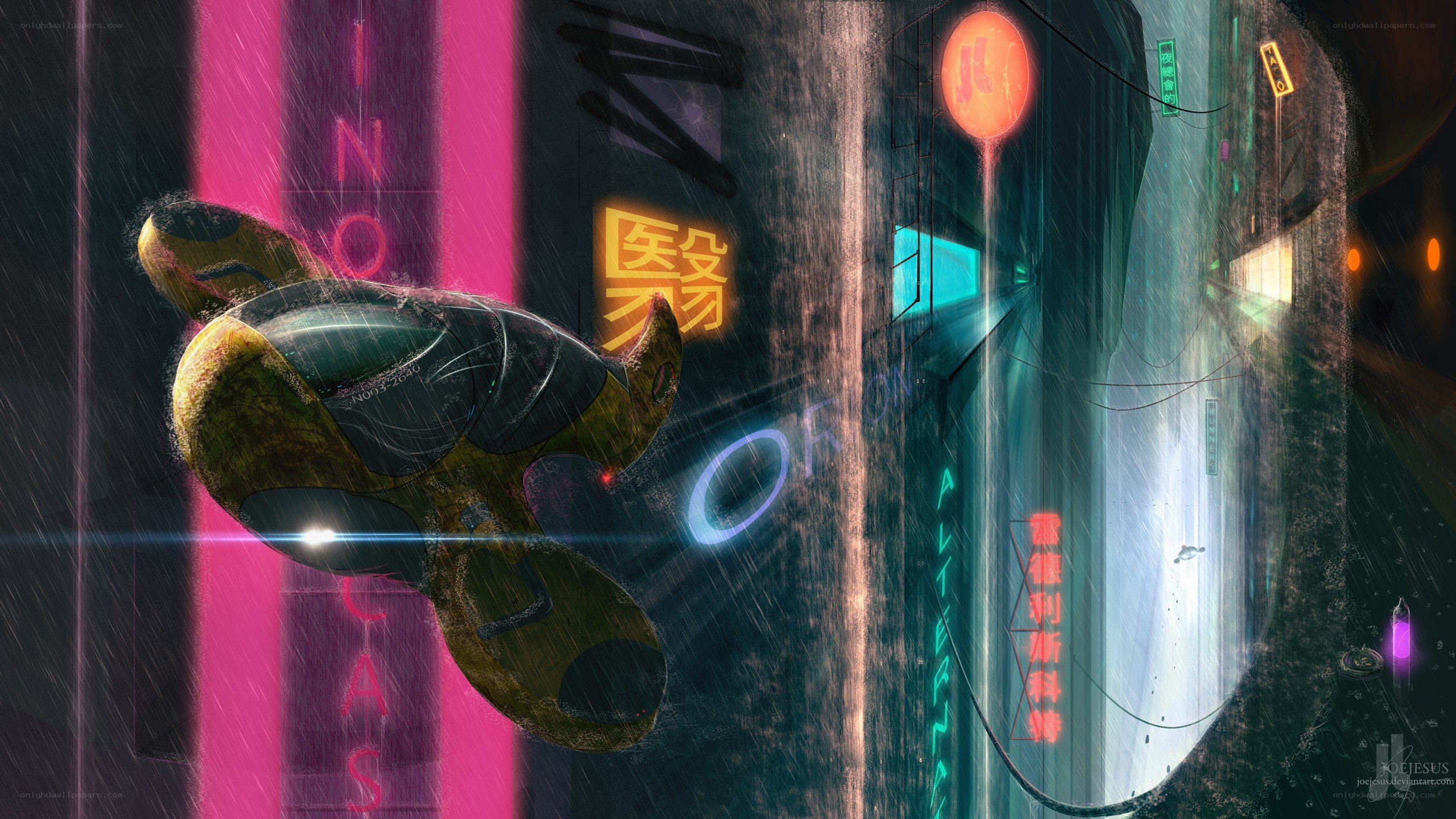 cyberpunk cityscape with flying vehicle