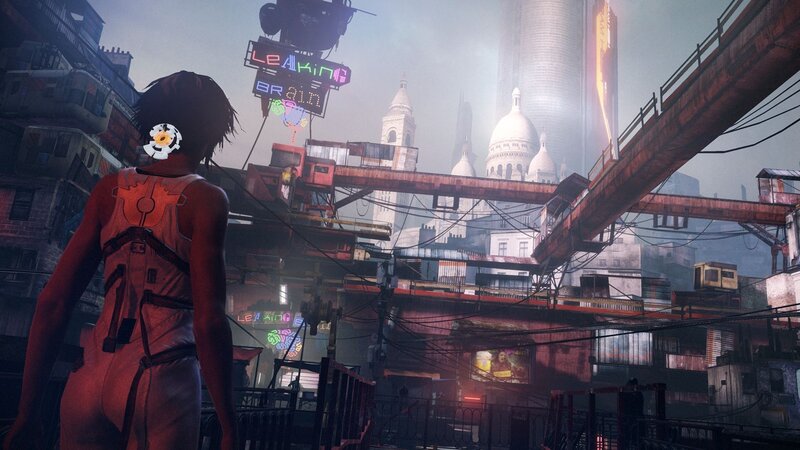 cyberpunk cityscape with futuristic figure