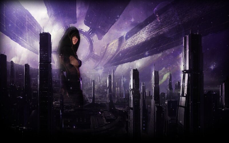 cyberpunk cityscape with hooded figure