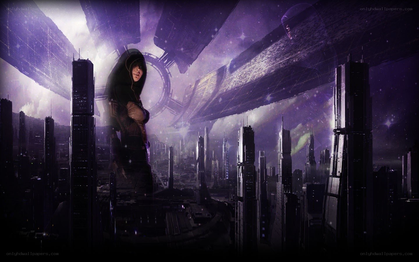 cyberpunk cityscape with hooded figure