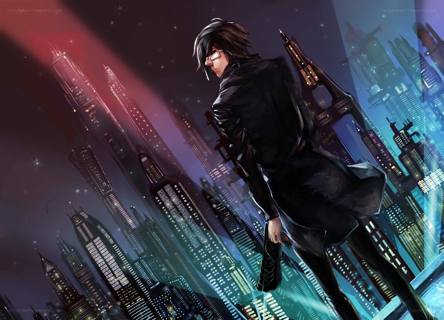 cyberpunk cityscape with man
