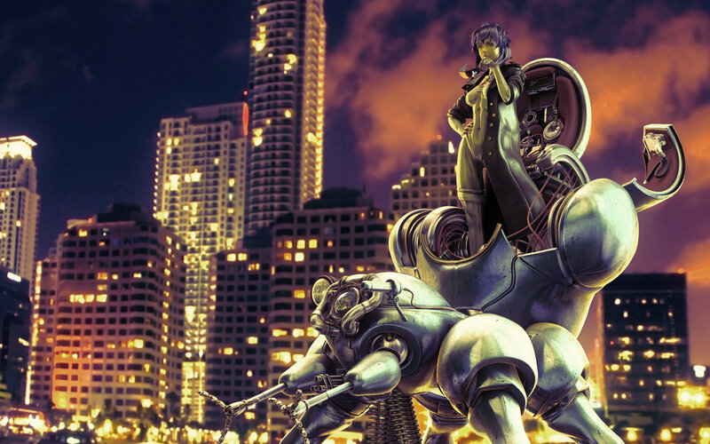 cyberpunk cityscape with robot