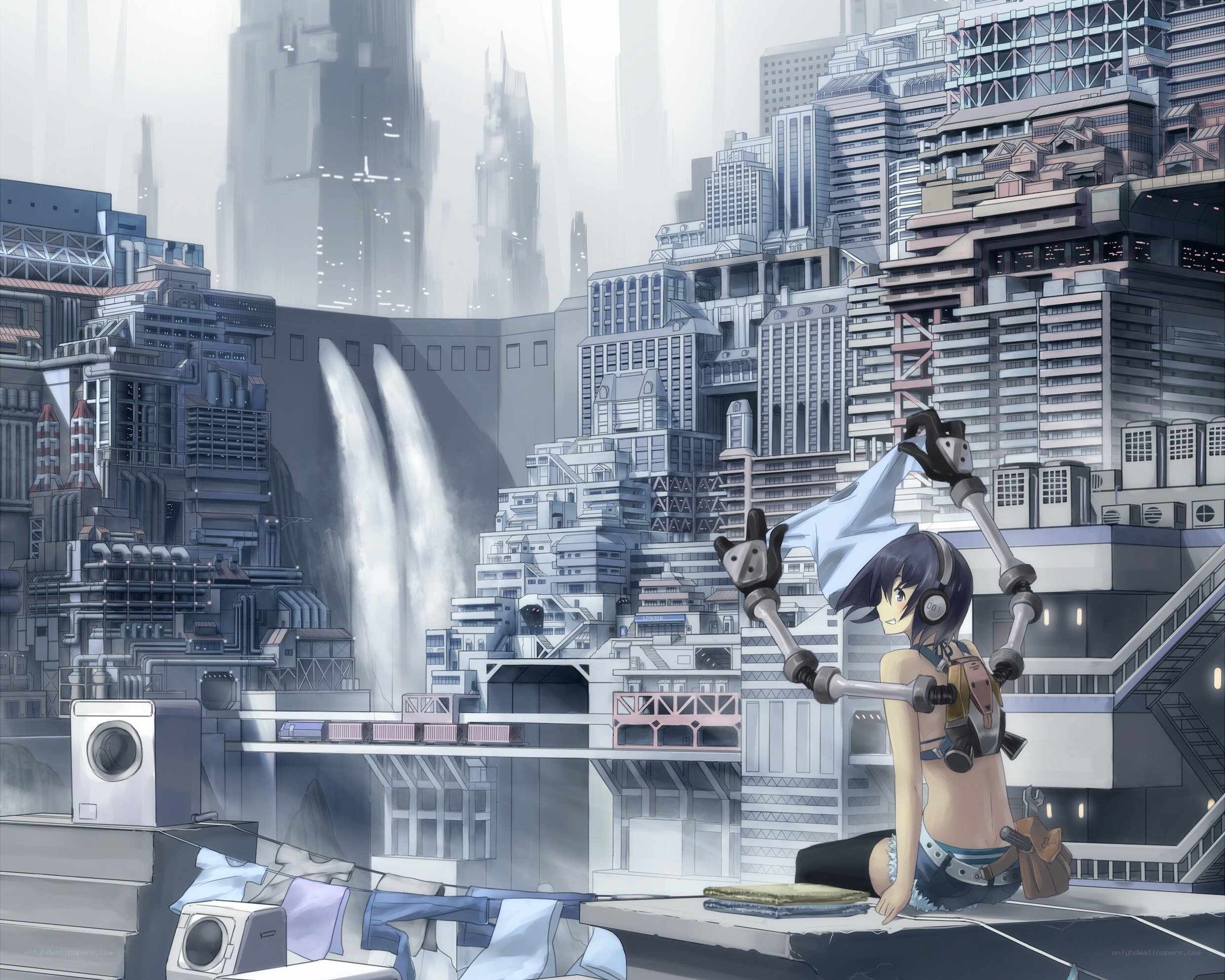 cyberpunk cityscape with robot arms