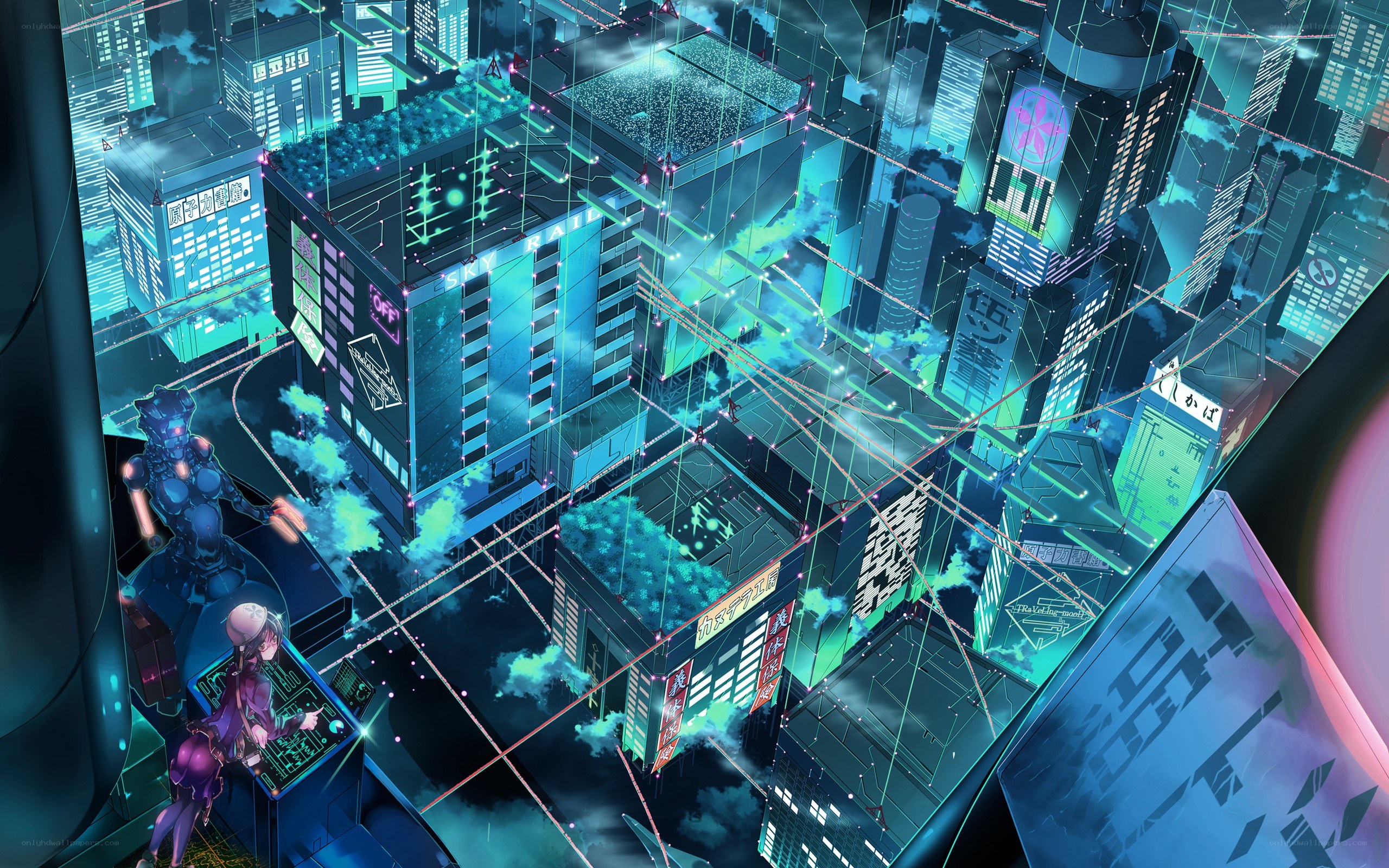 cyberpunk cityscape with robots