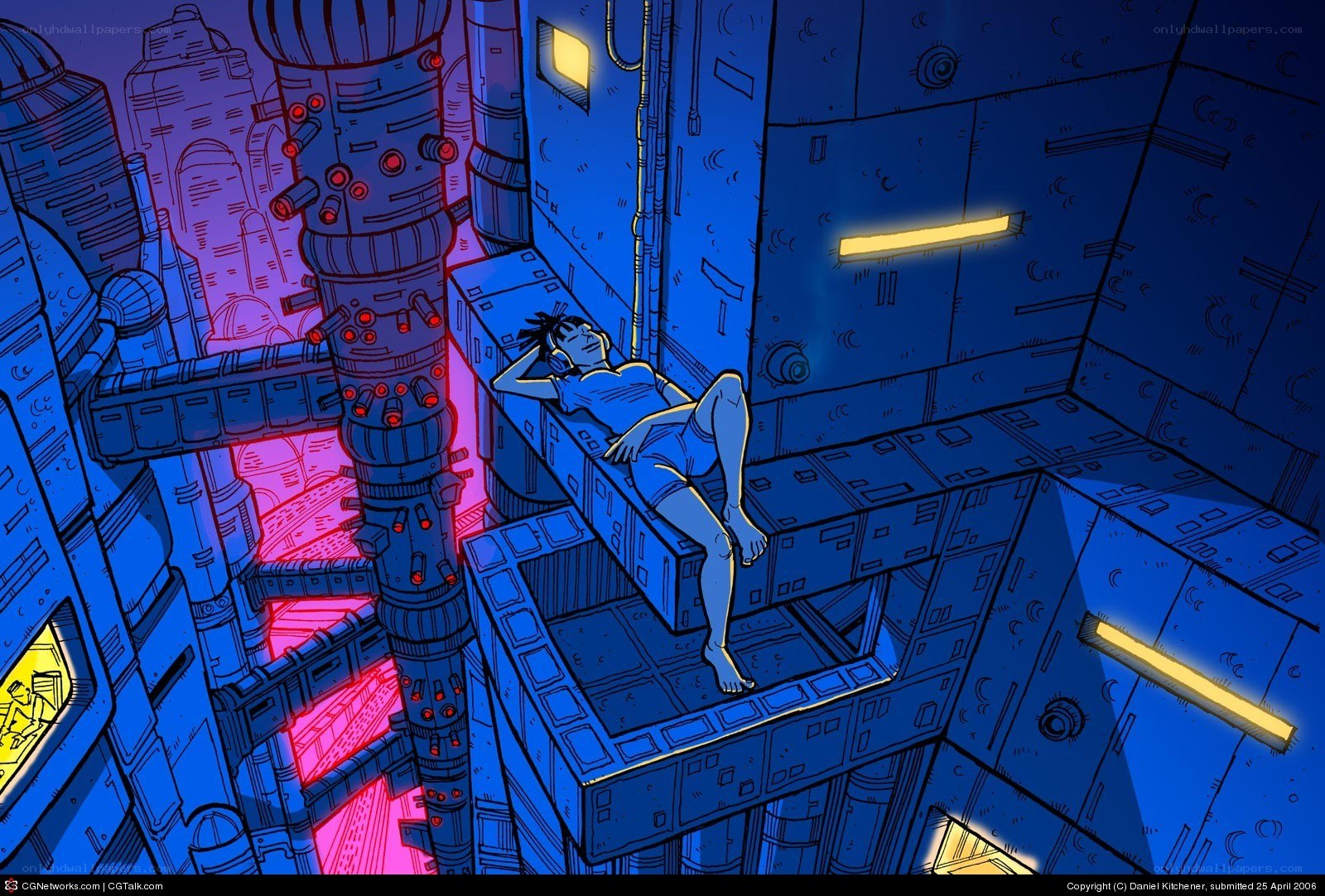 cyberpunk cityscape with sleeping figure
