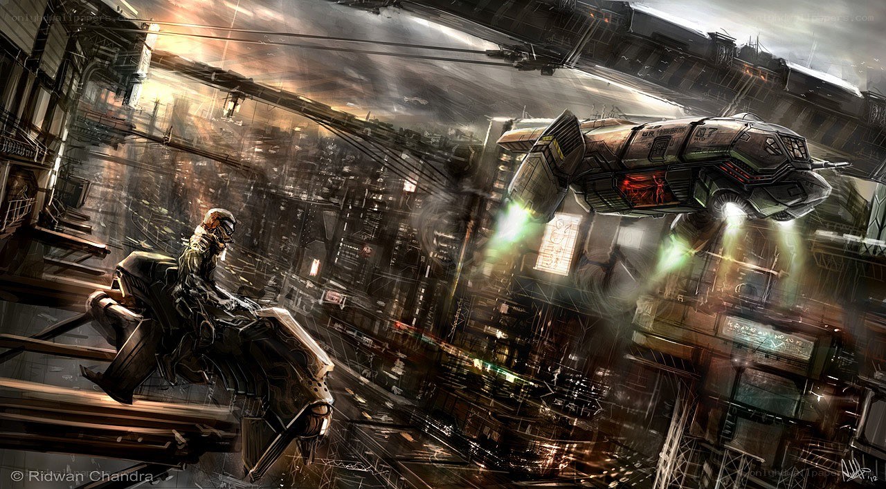 Cyberpunk cityscape with vehicles