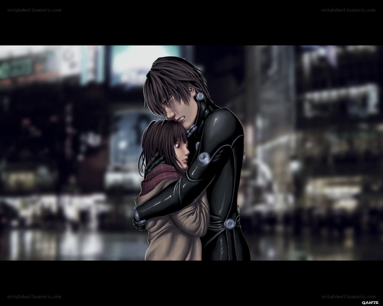 cyberpunk couple embrace