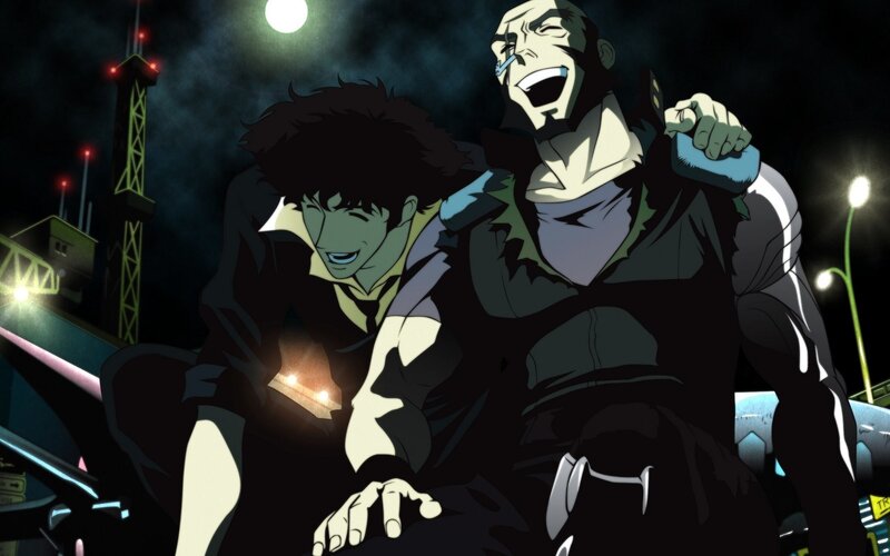 cyberpunk duo laughing at night