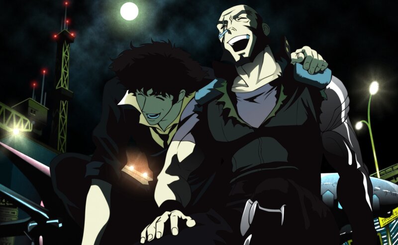 cyberpunk duo laughing at night