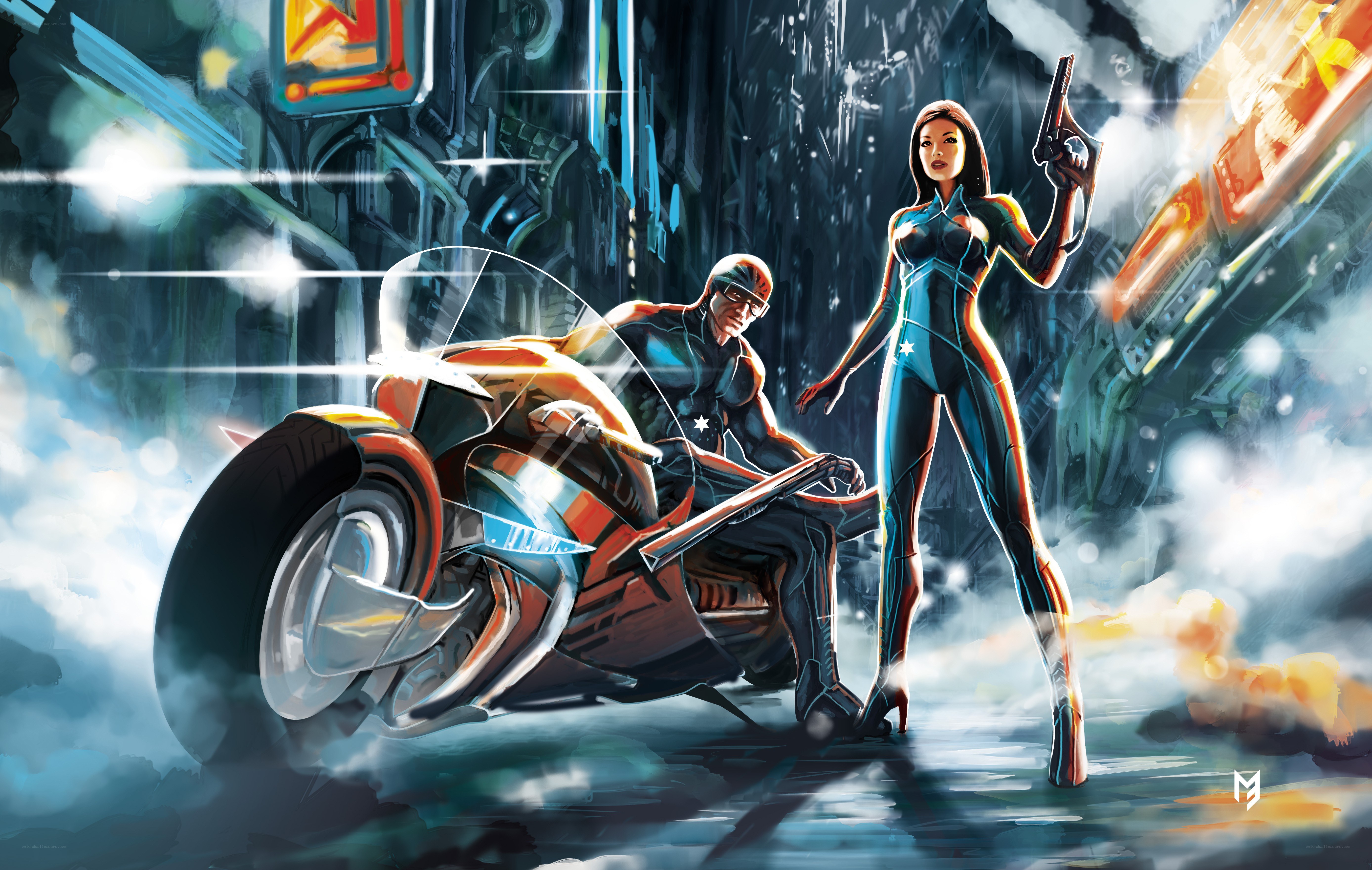 cyberpunk duo with motorcycle
