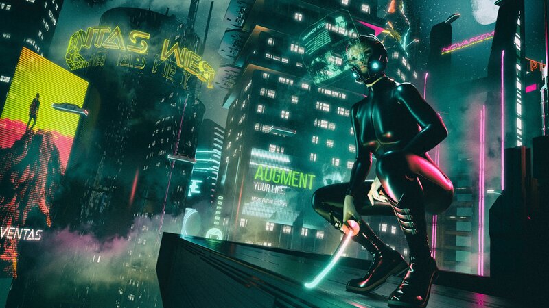 Cyberpunk Figure on Rooftop
