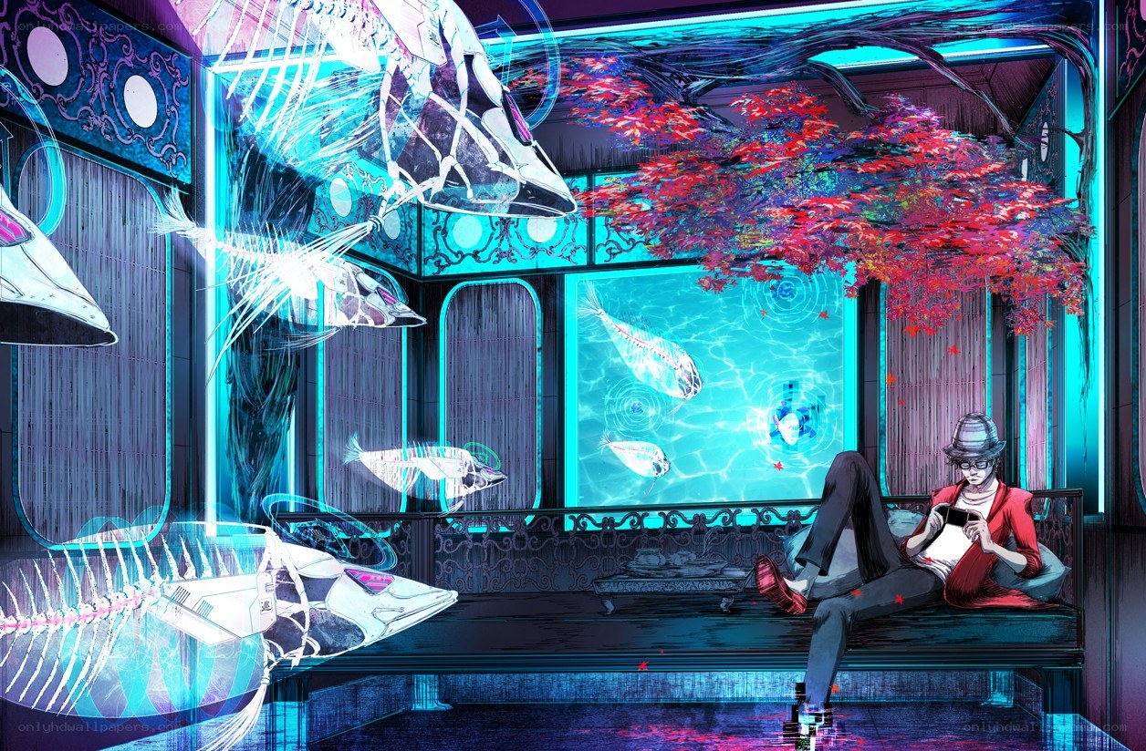 cyberpunk fish tank room