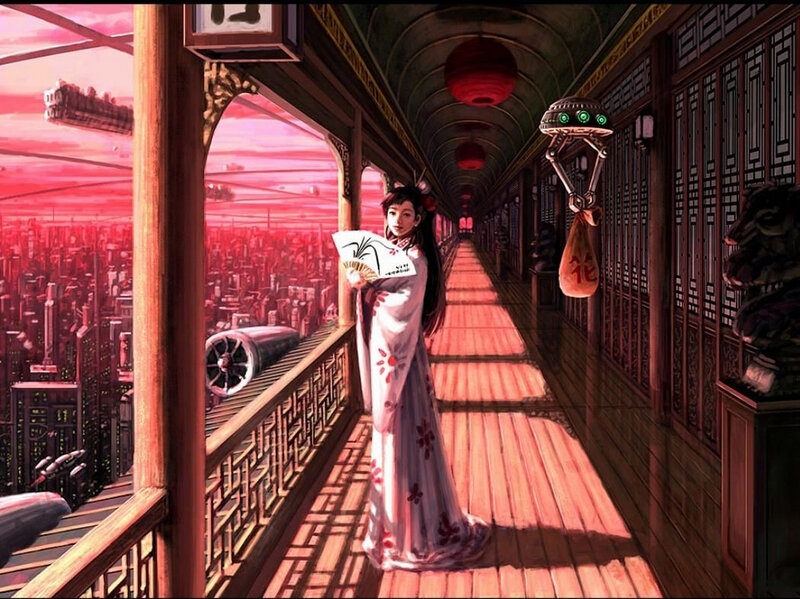 cyberpunk geisha on a balcony