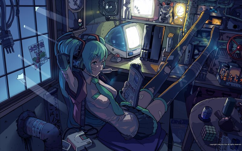 cyberpunk girl reading newspaper