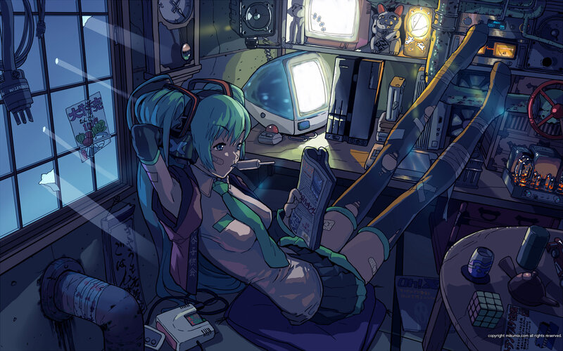 cyberpunk girl reading newspaper