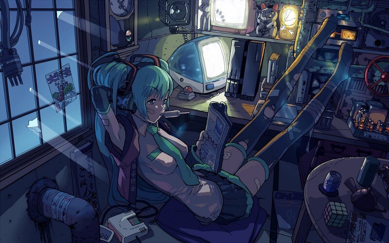 cyberpunk girl reading newspaper