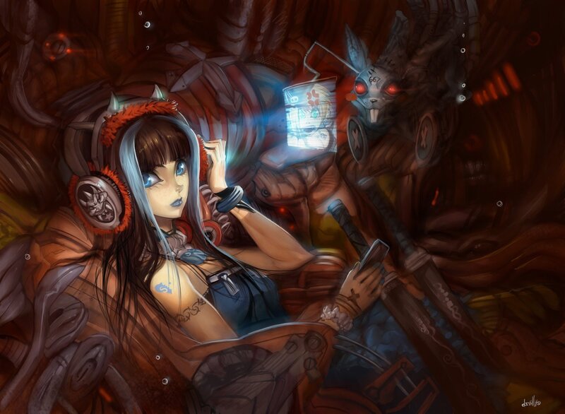 cyberpunk girl with robotic creature