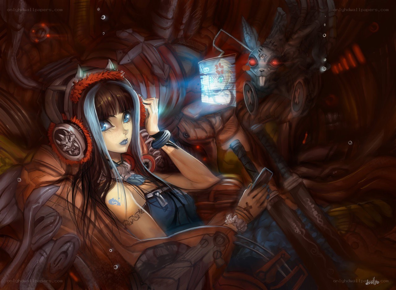 cyberpunk girl with robotic creature