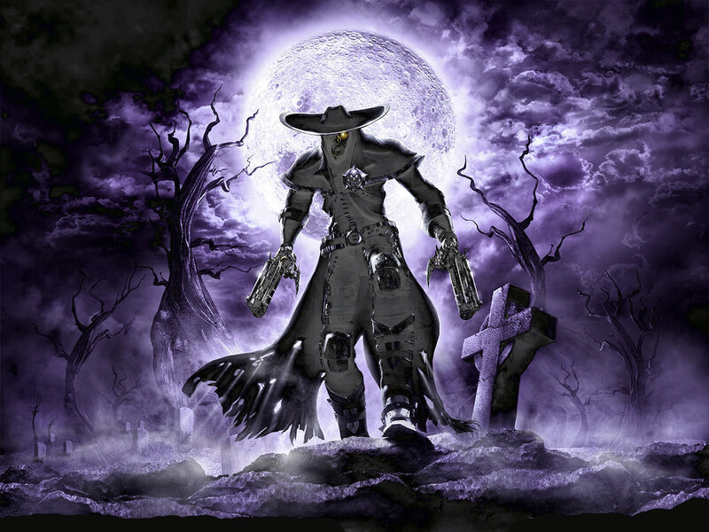 cyberpunk gunslinger in graveyard